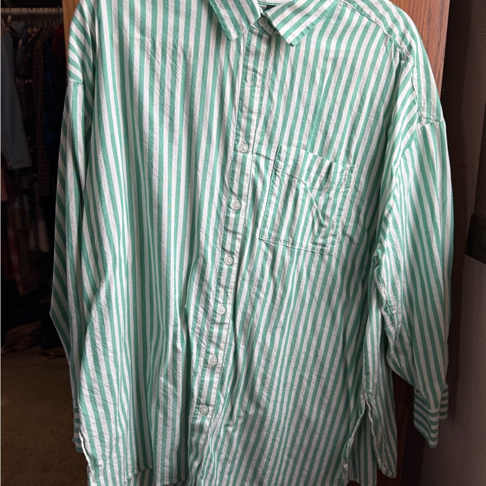 Torrid Mint and White Striped Button-Up Blouse